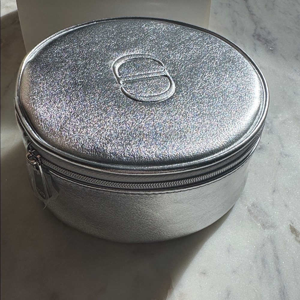 Dior // Silver Leather Round Pouch Vanity Case - Picture 2 of 5
